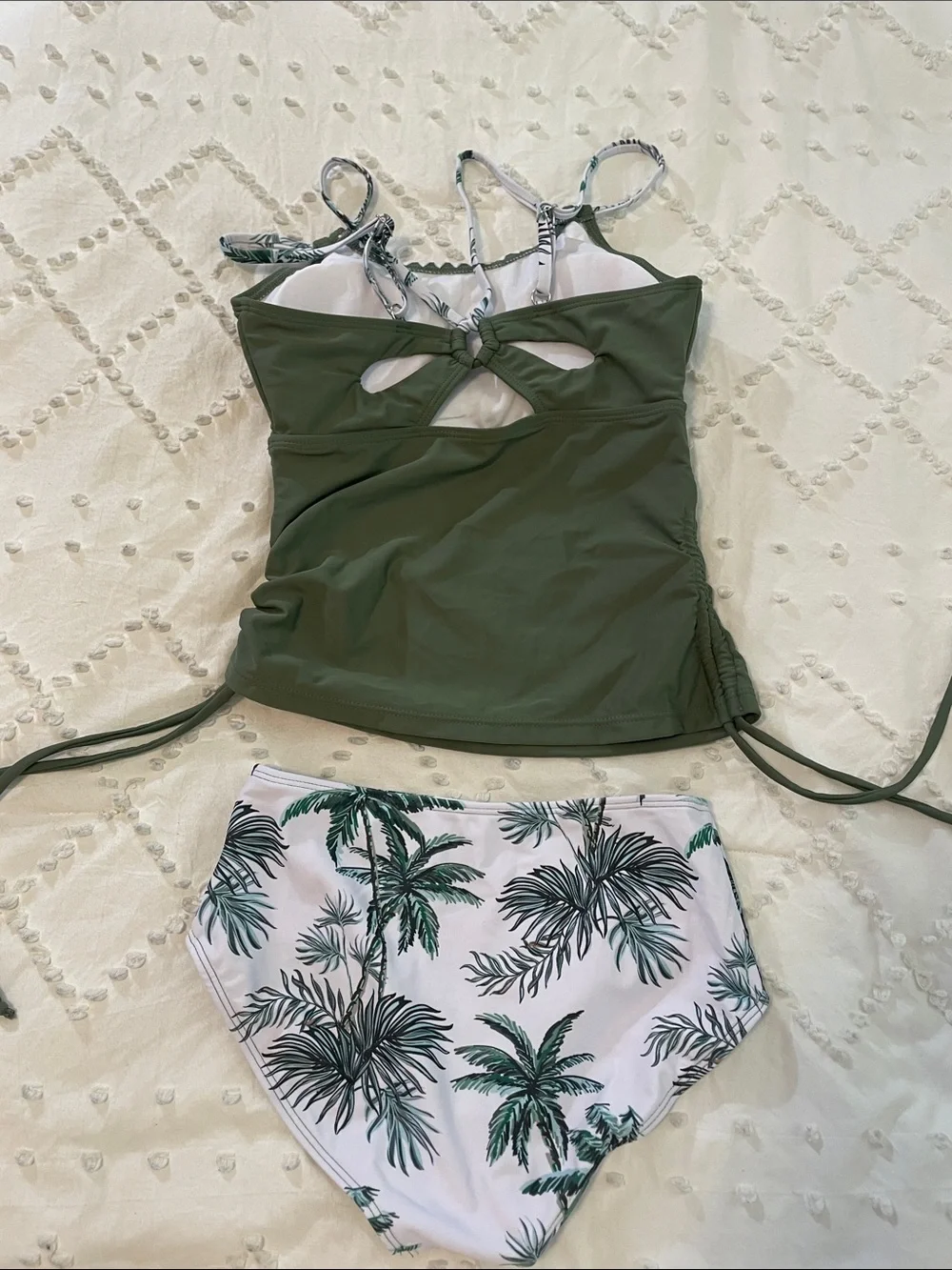 Funnycokid Olive Green Tankini Top with Palm-Print High-Waist Bikini Bottoms new